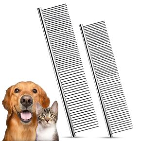 2PCS Dog and Cat Brush - Stainless Steel Dog Grooming Comb Deshedding Brush for Long Haired Animal Metal Comb for Dog & Cat with Rounded Teeth for Removing Tangles and Knots