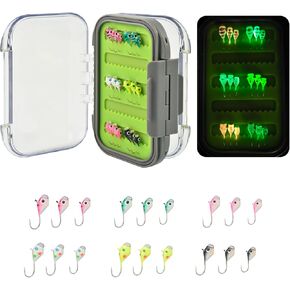 Tungsten Jigs, 18/27Pcs Tungsten Ice Fishing Jigs Kit for Panfish 3.2/4/5mm Glow in Dark Teardrop Ice Fishing Lure Jigs with Two-Sided Jig Box Assortment