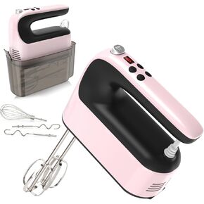9-Speed Digital Hand Mixer Electric, 400W Powerful DC Motor, Baking Mixer Handheld with Snap-On Storage Case, 5 Stainless Steel Accessories, Flat Beaters, Dough Hooks, Whisk (Pink&Black)