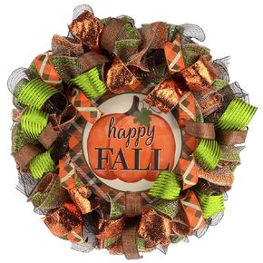 Happy Fall Wreath | Pumpkin Thanksgiving Deco Mesh Front Door Wreath; Brown Orange Burlap Green
