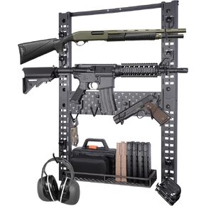 Modularity Gun Wall Mount, Hold Up 120LBS Gun Rack for Wall with 10 Mounting J-Hooks, Rifle Shotgun Rack with Additional Storage Rack, 31.8" x 22" Tactical Gear Wall Mount, Functional Gun Rack