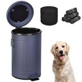 Dog Poop Trash Can with Lid for Outdoors，3.2 Gallon Trash Can with Activated Carbon Filter & Plastic Bags, Pet Waste Container，UP12L-GY-Y+90BK