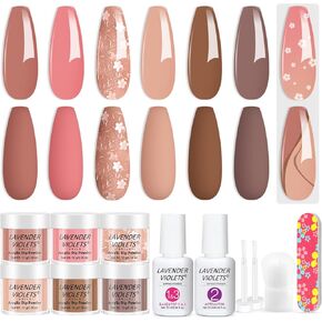 Lavender Violets 12Pcs Dip Powder Nail Kit Starter - 6 Colors Nude Pink Neutral Skin Dipping Powder System Liquid Set with Base & Top Coat Activator for French Nail Art Manicure Salon DIY at Home M204