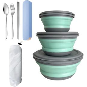 Camping Bowls, 3PCS Collapsible Bowls with Cutlery and Reusable Storage Bag, Food-Grade Silicone Lunch Box with Lids for Camping Picnic Travel (Blue)