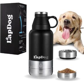 Lapdog Portable Dog Water Bottle & Food Bowls, All-in-One Accessories for Walking, Hiking, Beach- Double Walled, Insulated, Stainless Steel Water Dispenser (White/Powder Blue, With Black Neoprene Bag)