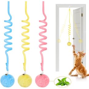 Potaroma Hanging Fluffy Cat Catnip Ball Toys 3 Pcs with Bell, Interactive Cat Teaser Retractable, Cat Toys Indoor Kitten Play Chase Exercise Physical Stimulation