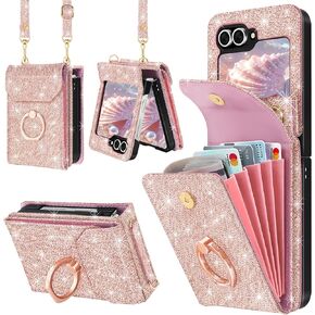 for Samsung Galaxy Z Flip 6 Case Wallet with 5 Card Holder, Glitter PU Leather Crossbody Case with 360° Ring Stand&Wrist Strap Women Girls Shockproof Phone Cover for Z Flip 6 Case,Rose Gold