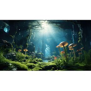 Aquarium Background Underwater World Terrarium Backdrop Jungle Style Mushrooms with Lush Moss Fish Tank Background Stream Rock Reptile Habitat Backdrop Tank Wallpaper Poster Vinyl 30x18in