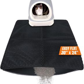 Cat Litter Mat Litter Trapping Mat 30"X24", Double Layer Litter Box Mat, Easy to Lay Flat, Large No Slip Kitty Litter Mat, Urine and Water Proof, Scatter Control, Easy to Clean (Black)