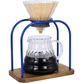 SOTECH Pour Over Coffee Stand Coffee Maker Espresso with Glass Coffee Pot Wooden Base Manual Brewing for home Outdoor Travel Set (Blue 0.6L)