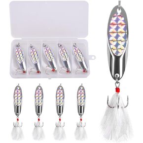 5 Pcs Fishing Spoon Lures Kit - Casting Master Spoon Metal Jig Trout Lures for Saltwater Freshwater, Reflective Spoons Bait with Treble Hooks Fishing Tackle 1/5 OZ - 1 OZ