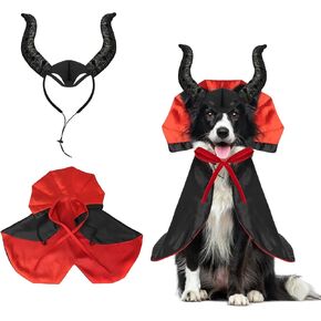Halloween Dog Cat Vampire Costume Headband 2 Pcs Dog Halloween Costumes Holiday Clothes for Pet Adjustable Vampire Cloak Devil Horns Hat for Pet Cosplay Party