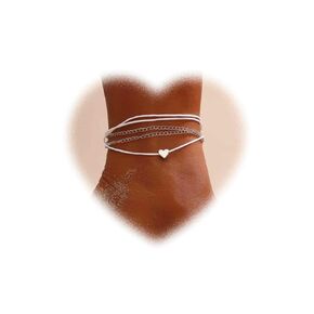 Bohemian Layered Heart Anklet Silver Love Heart Ankle Bracelet Woven Rope Anklets Chain Bracelet Adjustable Beach Anklets Summer Beach Foot Chain Jewelry for Girls Gifts