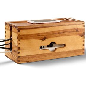 Acacia Wood Cable Management Box - 15"L Wooden Cable Organizer Box for Electrical Hiding Cord Management -Power Strip Box Hider Cable Storage Box for Office, TV Wires, Under Desk Cord Organizer