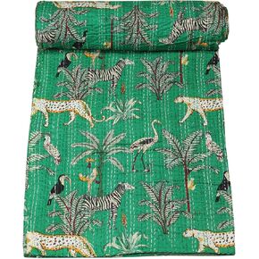 Marubhumi Indian Traditional Pure Cotton Jungle Print Kantha Quilt, Bed Cover Throw Animal Printed Kantha Quilts Multi Color (Green, Twin (60"x 90"))