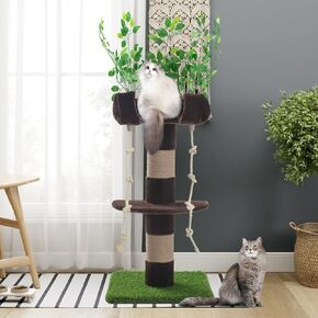 SHA CERLIN 55 Inches Cat Tree Tower with Leaves/Cozy Cat Perch with Cat Scratching Post for Indoor Kittens and Adults Cats/Sisal Rope and Simulated Lawn with Wide Base/Brown & Green