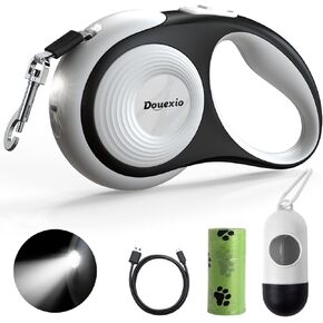 Retractable Dog Leash with LED Flashlight, Douexio Upgrade 3 in 1 Dog Leash Retractable for Small Medium Dogs Up to 66 lbs, Anti-Slip Handle,One-Handed Brake (Yellow)