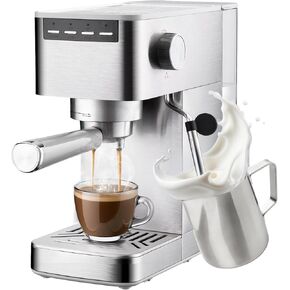 Espresso Machine, 15 Bar Stainless Steel Coffee Maker with Milk Frother, Cappuccino Latte Machine with 41oz Removable Water Tank, Compact 2-Cup Coffee Machine