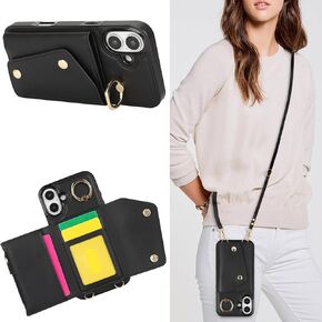 for iPhone 16 Pro Case for Women, Crossbody Wallet Case with Card Slot Lanyard Wrist Strap Shockproof Purse Kickstand Case for iPhone 16 Pro/Apple 16 Pro.Crossbody Black
