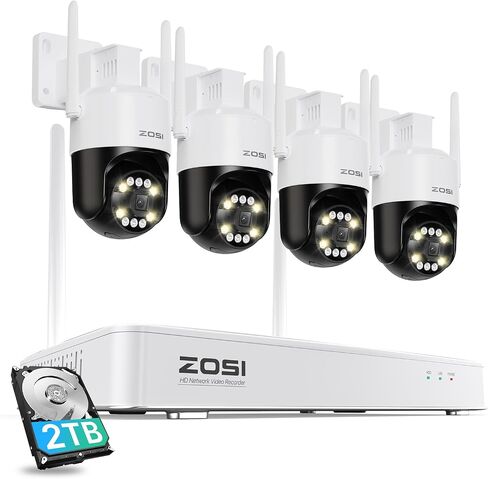 ZOSI 3K 5MP Wi-Fi 6 Security Camera System Wireless,4pcs WiFi Pan Tilt Cameras,Person Vehicle Detection,Motion Track,Color Night Vision,2 Way Audio,8CH 4K NVR with 2TB HDD for 24/7 Recording,Plug-in in Saudi Arabia