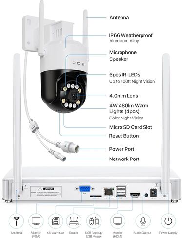 ZOSI 3K 5MP Wi-Fi 6 Security Camera System Wireless,4pcs WiFi Pan Tilt Cameras,Person Vehicle Detection,Motion Track,Color Night Vision,2 Way Audio,8CH 4K NVR with 2TB HDD for 24/7 Recording,Plug-in in Saudi Arabia