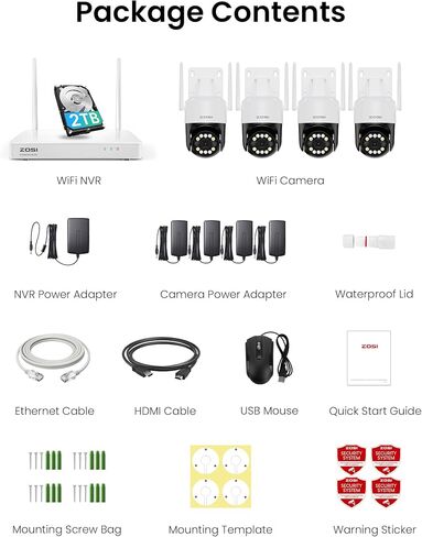 ZOSI 3K 5MP Wi-Fi 6 Security Camera System Wireless,4pcs WiFi Pan Tilt Cameras,Person Vehicle Detection,Motion Track,Color Night Vision,2 Way Audio,8CH 4K NVR with 2TB HDD for 24/7 Recording,Plug-in in Saudi Arabia