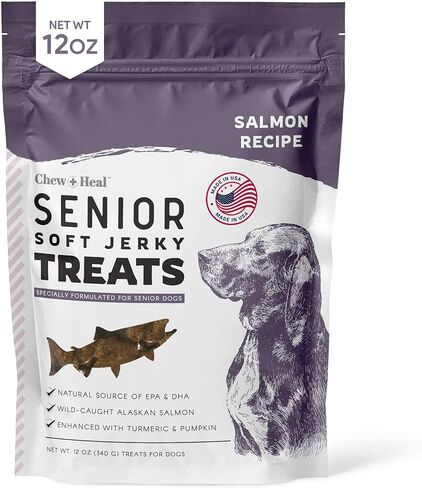 Chew + Heal Labs Seniors Soft Jerky Salmon Dog Treats - 5 oz of Omega Jerky - Dog Joint Supplement with Wild Alaskan Salmon and Turmeric - Made in The USA in Saudi Arabia