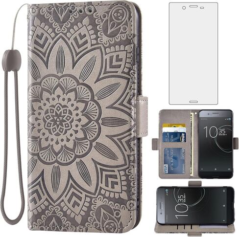 Asuwish Phone Case for Sony Xperia XZ Premium with Tempered Glass Screen Protector and Flower Leather Wallet Flip Cover Credit Card Holder Stand Cell Accessories Experia G8141 G8142 Women Men Grey in Saudi Arabia