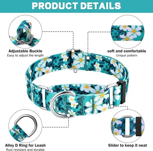 Hikiko Martingale Collar for Dogs with No Buckle Floral Daisy Dog Collar Soft Nylon No Pull Dog Collars for Small Dogs,Green Flower,S in Saudi Arabia