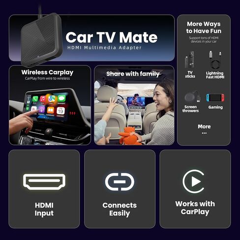 Car TV Mate Pro، 2 في 1 Car TV Mate HDMI مع CarPlay اللاسلكي، محول تلفزيون السيارة لجهاز Fire TV Stick/جهاز الألعاب، محول CarPlay اللاسلكي لسيارات CarPlay السلكية من مصنع OEM، تحديث عبر الإنترنت in Kuwait