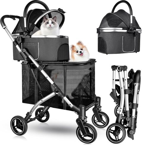 Double Pet Stroller for 2 Dogs or Cats, One-Hand Folding Double Cat Stroller with Detachable Carrier, Safety Belt, Lockable Wheels, Double Dog Stroller for Small/Medium Dog/Cat up to 52LBS Gray in Saudi Arabia