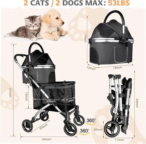Double Pet Stroller for 2 Dogs or Cats, One-Hand Folding Double Cat Stroller with Detachable Carrier, Safety Belt, Lockable Wheels, Double Dog Stroller for Small/Medium Dog/Cat up to 52LBS Gray in Saudi Arabia