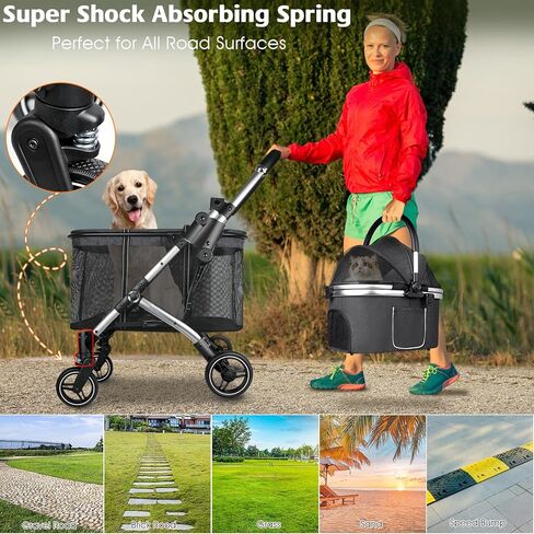 Double Pet Stroller for 2 Dogs or Cats, One-Hand Folding Double Cat Stroller with Detachable Carrier, Safety Belt, Lockable Wheels, Double Dog Stroller for Small/Medium Dog/Cat up to 52LBS Gray in Saudi Arabia