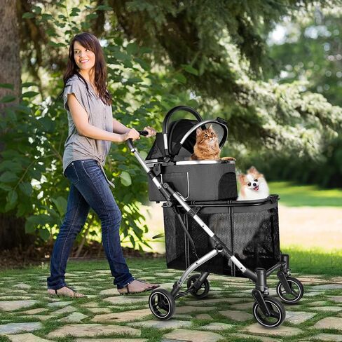 Double Pet Stroller for 2 Dogs or Cats, One-Hand Folding Double Cat Stroller with Detachable Carrier, Safety Belt, Lockable Wheels, Double Dog Stroller for Small/Medium Dog/Cat up to 52LBS Gray in Saudi Arabia
