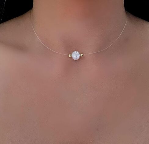 Ghost Necklace for Women - Pearlite Pendant, Stainless Steel Beads and Hardware with Gold Finish, Nylon Cord Invisible Line - 15.7 Inches with 2 Inch Extension in Saudi Arabia