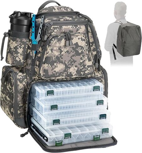 Piscifun Fishing Tackle Backpack Large Waterproof Tackle Bag Storage with 4 Tackle Boxes (Khaki, Black and Camouflage) in Saudi Arabia