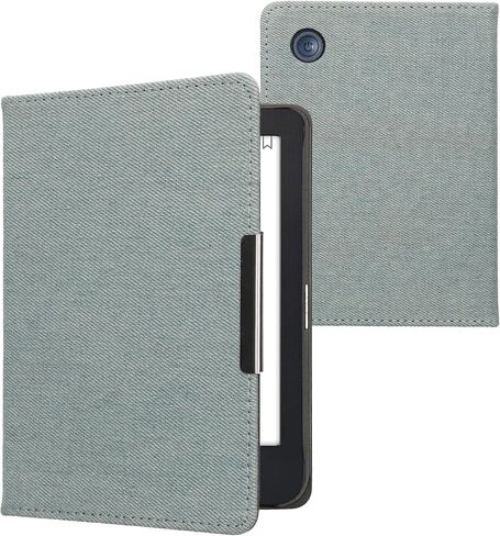 kwmobile Cover Compatible with Kobo Clara 2E / Tolino Shine 4 - Case for E-Reader - Denim Look Fabric Flip Case - Light Blue in Saudi Arabia