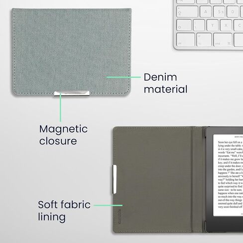 kwmobile Cover Compatible with Kobo Clara 2E / Tolino Shine 4 - Case for E-Reader - Denim Look Fabric Flip Case - Light Blue in Saudi Arabia