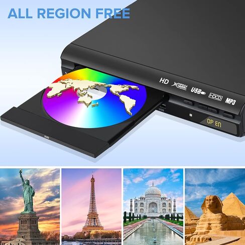 مشغل DVD WONNIE HD للتلفزيون ومشغلات الأقراص المضغوطة للمنزل مع مخرج HD/AV/محوري ومدخل USB، نظام PAL/NTSC مدمج، كابل HDMI/AV وجهاز تحكم عن بعد كامل الوظائف متضمن in Kuwait