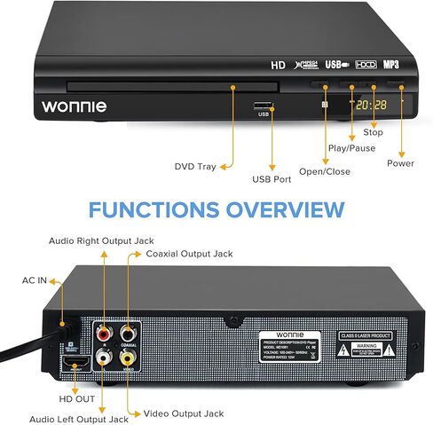 مشغل DVD WONNIE HD للتلفزيون ومشغلات الأقراص المضغوطة للمنزل مع مخرج HD/AV/محوري ومدخل USB، نظام PAL/NTSC مدمج، كابل HDMI/AV وجهاز تحكم عن بعد كامل الوظائف متضمن in Kuwait