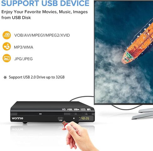 مشغل DVD WONNIE HD للتلفزيون ومشغلات الأقراص المضغوطة للمنزل مع مخرج HD/AV/محوري ومدخل USB، نظام PAL/NTSC مدمج، كابل HDMI/AV وجهاز تحكم عن بعد كامل الوظائف متضمن in Kuwait