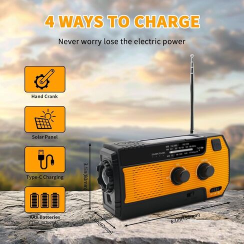4000mAh Hand Crank Radio, Emergency Radio, Solar Portable Radio, NOAA/AM/FM Weather Radio, USB Type-C Charging, Dynamo Radio, Torch & LED Reading Light, SOS Alarm for Indoor/Outdoor Emergencies Orange in Saudi Arabia