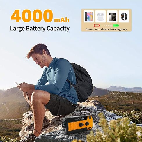 4000mAh Hand Crank Radio, Emergency Radio, Solar Portable Radio, NOAA/AM/FM Weather Radio, USB Type-C Charging, Dynamo Radio, Torch & LED Reading Light, SOS Alarm for Indoor/Outdoor Emergencies Orange in Saudi Arabia