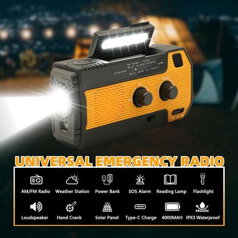 4000mAh Hand Crank Radio, Emergency Radio, Solar Portable Radio, NOAA/AM/FM Weather Radio, USB Type-C Charging, Dynamo Radio, Torch & LED Reading Light, SOS Alarm for Indoor/Outdoor Emergencies Orange in Saudi Arabia