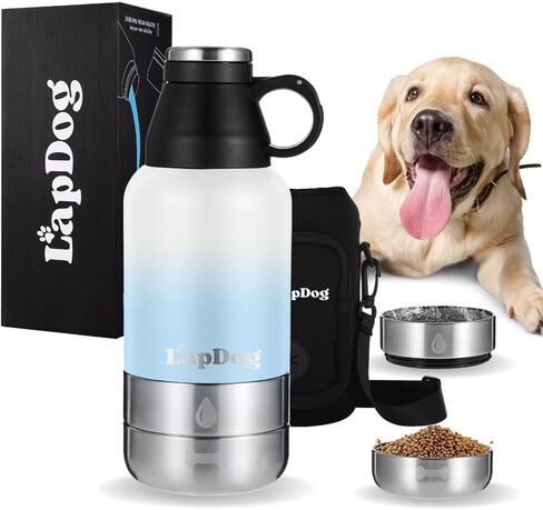 Lapdog Portable Dog Water Bottle & Food Bowls, All-in-One Accessories for Walking, Hiking, Beach- Double Walled, Insulated, Stainless Steel Water Dispenser (White/Powder Blue, With Black Neoprene Bag) in Saudi Arabia