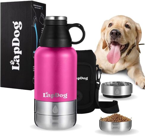 Lapdog Portable Dog Water Bottle & Food Bowls, All-in-One Accessories for Walking, Hiking, Beach- Double Walled, Insulated, Stainless Steel Water Dispenser (White/Powder Blue, With Black Neoprene Bag) in Saudi Arabia
