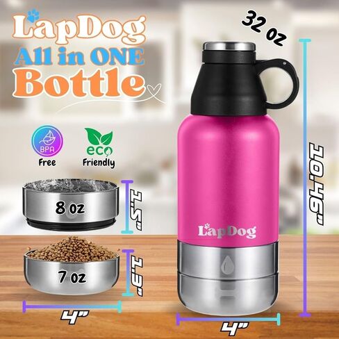 Lapdog Portable Dog Water Bottle & Food Bowls, All-in-One Accessories for Walking, Hiking, Beach- Double Walled, Insulated, Stainless Steel Water Dispenser (White/Powder Blue, With Black Neoprene Bag) in Saudi Arabia