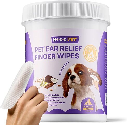 HICC PET Ear Finger Wipes for Dogs & Cats - Gently Remove Ear Wax, Debris - Sooths & Deodorizes - Relieve Ear Itching & Inflammation, All Natural Ingredients, Fragrance Free - 50 Count in Saudi Arabia
