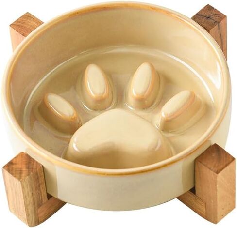 Ceramic Cat Dog Slow Food Bowls Raised Food and Water Dish with Anti-Slip Wooden Stand Elevated Round Pet Feeding Bowl Dishwasher Clean Carrying (Brown) in Saudi Arabia