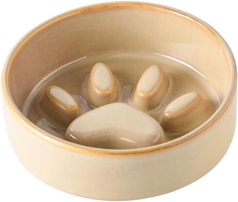 Ceramic Cat Dog Slow Food Bowls Raised Food and Water Dish with Anti-Slip Wooden Stand Elevated Round Pet Feeding Bowl Dishwasher Clean Carrying (Brown) in Saudi Arabia